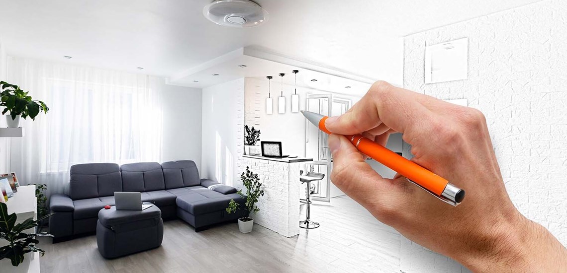 artist hand drawing living room coming to life